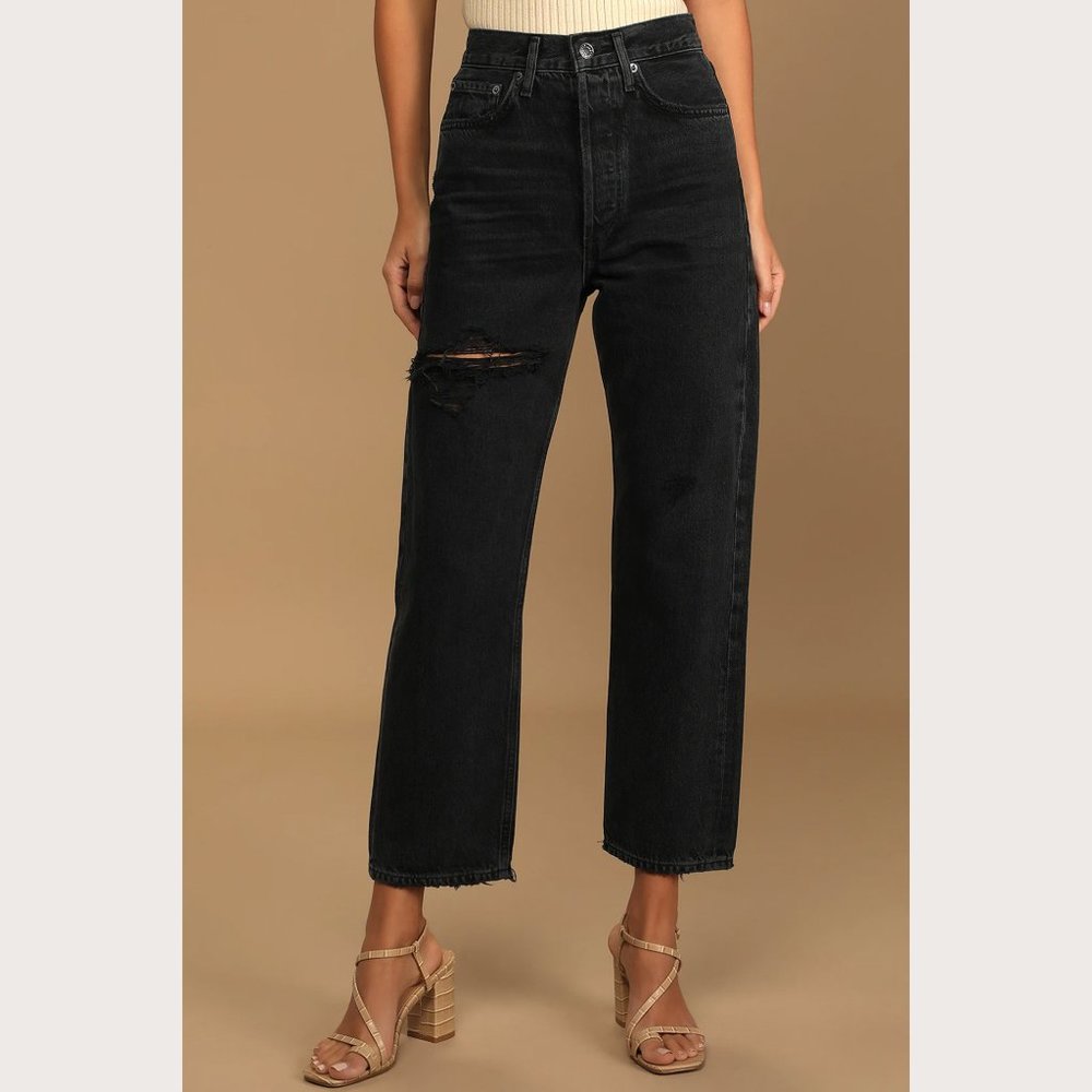 AGOLDE 90s Crop Washed Black Distressed Denim Straight Jeans